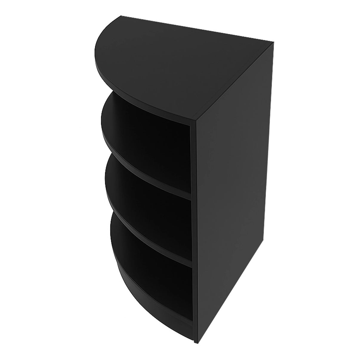 Sleek black retail shop corner counter with four curved shelves, perfect for maximizing space and showcasing products