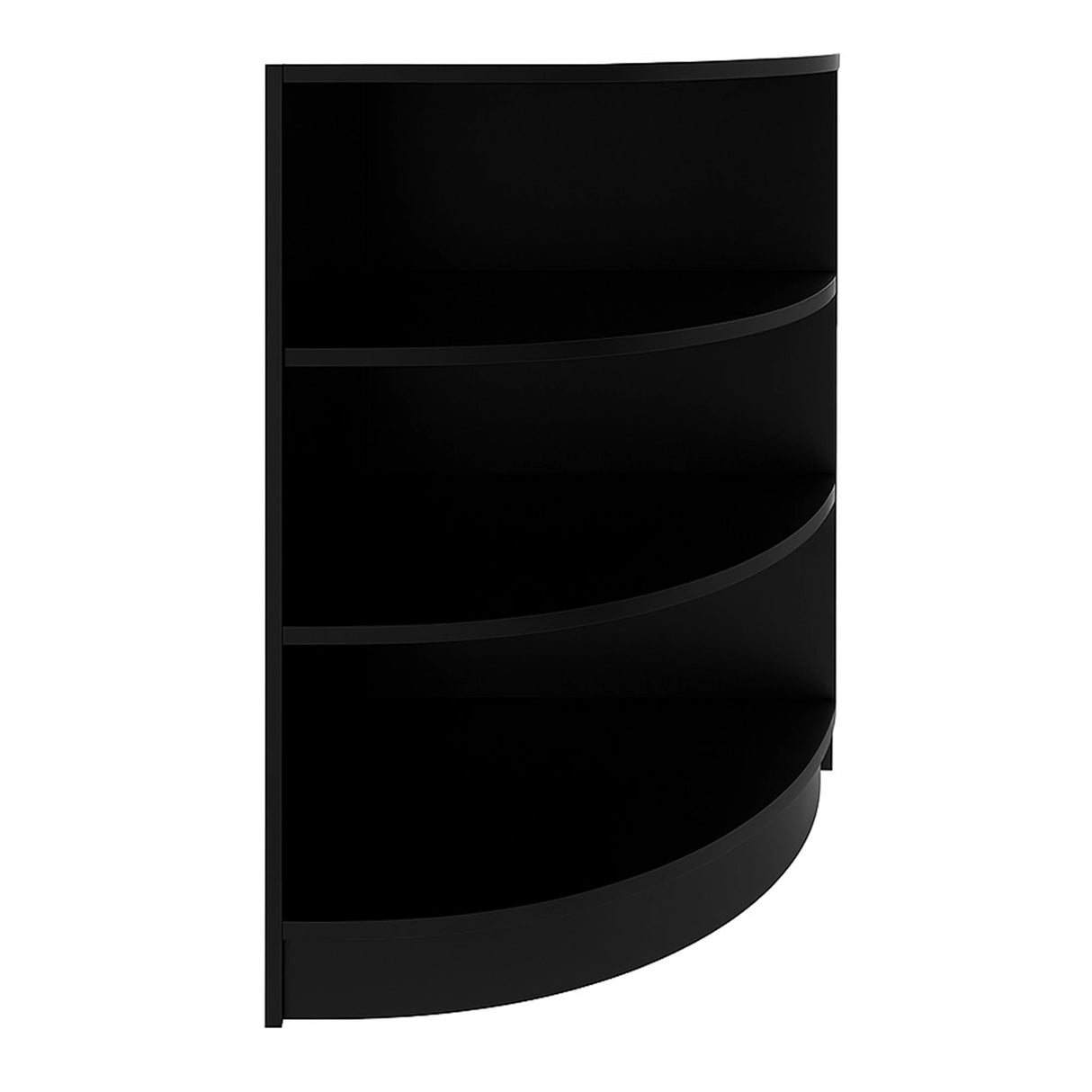 Black retail shop corner counter with three curved shelves, sleek design, and smooth finish, ideal for maximizing display space