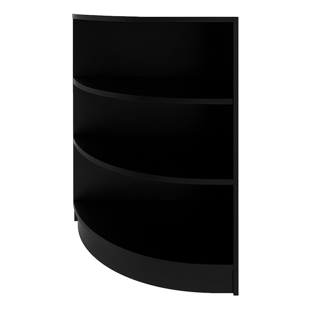 Curved black retail shop corner counter with three spacious shelves, ideal for displaying products in a stylish, modern setting
