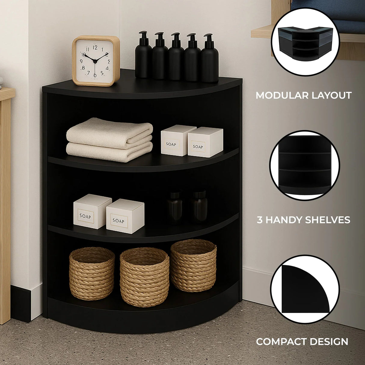 Black retail shop corner counter LM60 featuring a modular design, three shelves, and a compact shape for efficient storage