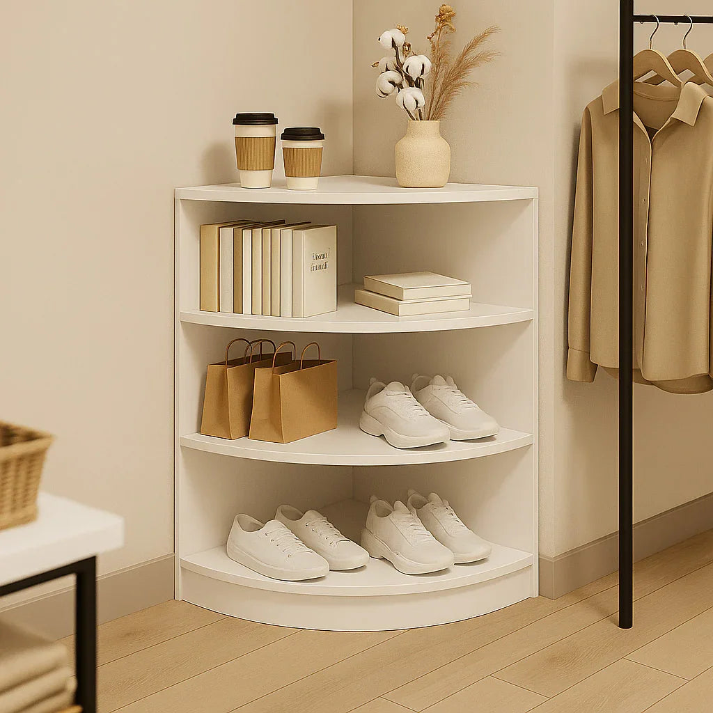 White retail shop corner counter LM60 with curved shelves, displaying coffee cups, books, and shoes in a modern interior setting