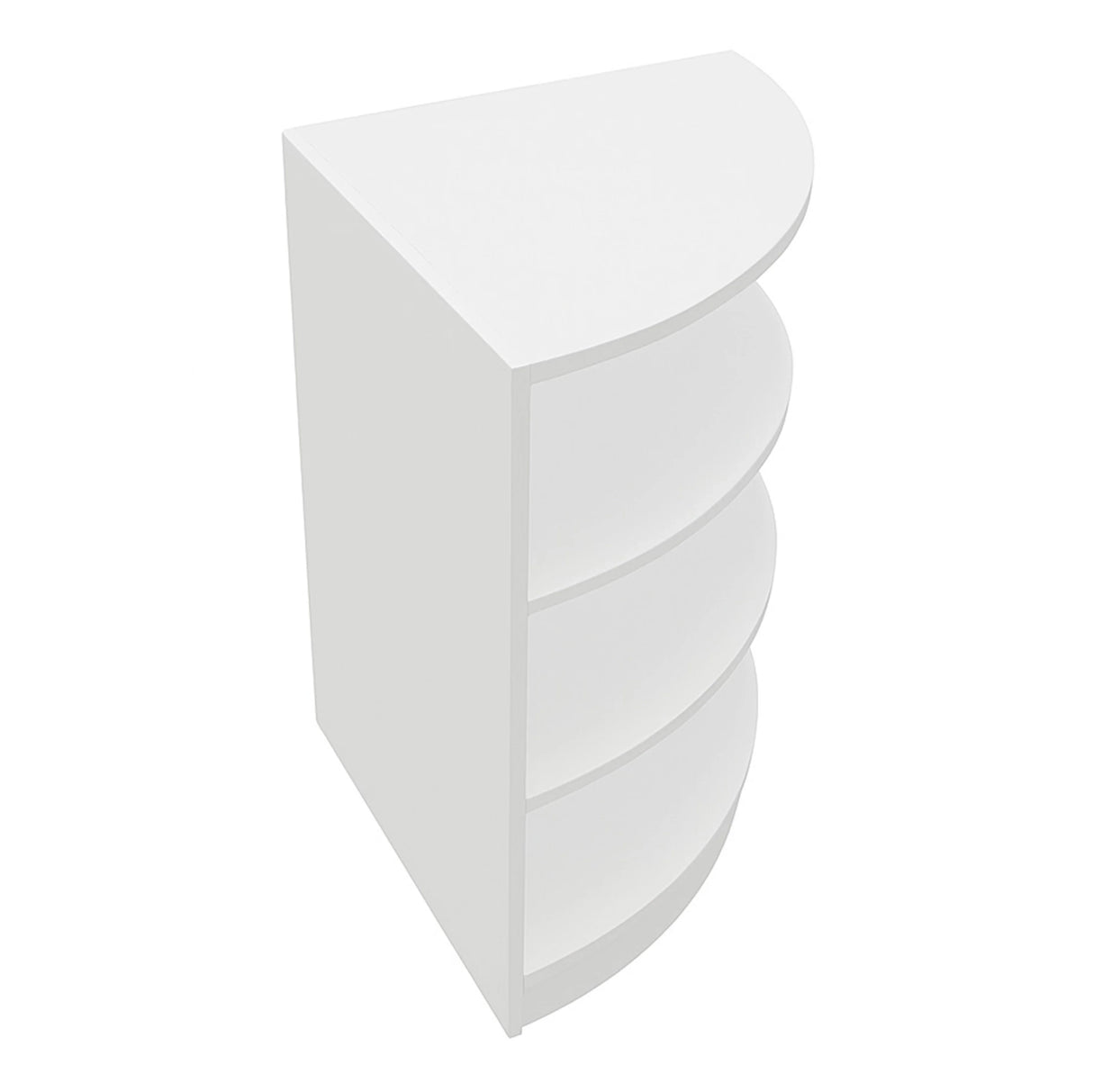 White retail shop corner counter LM60 featuring a sleek, curved design with four open shelves for display and storage