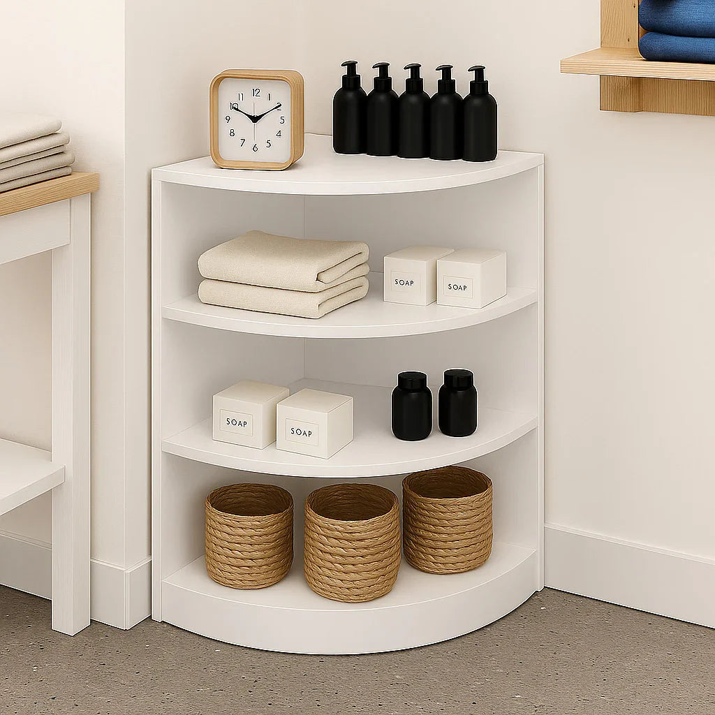 White retail shop corner counter LM60 with three shelves, displaying towels, black bottles, and woven baskets for storage