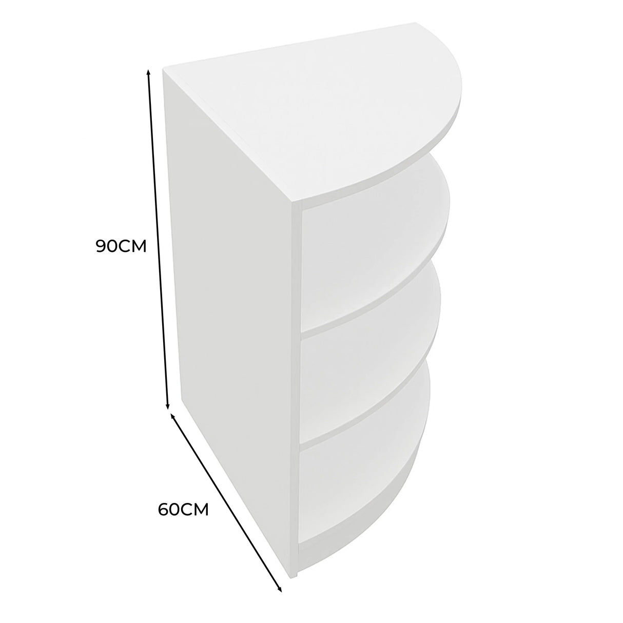 White retail shop corner counter with a sleek half-moon shape, featuring four open shelves for display and storage