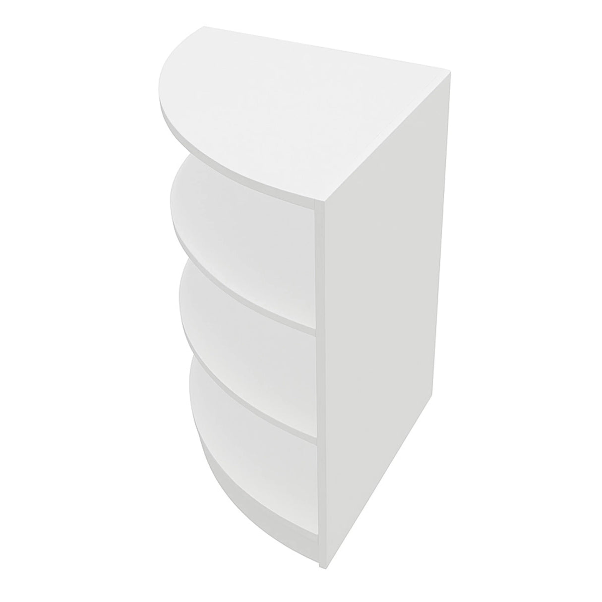 White retail shop corner counter LM60 with a curved design and four open shelves for organized display and storage