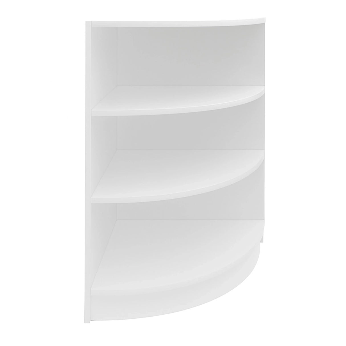 White retail shop corner counter LM60 with three curved shelves, featuring a sleek, modern design and smooth finish