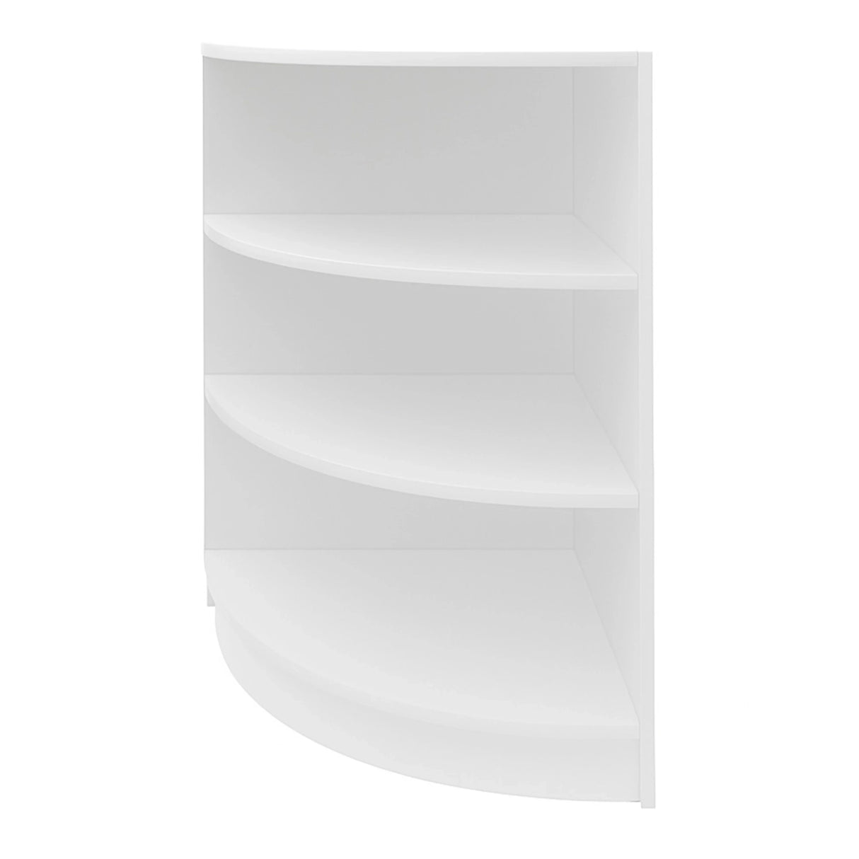 Corner counter in sleek white finish featuring three curved shelves, ideal for retail displays or home organization