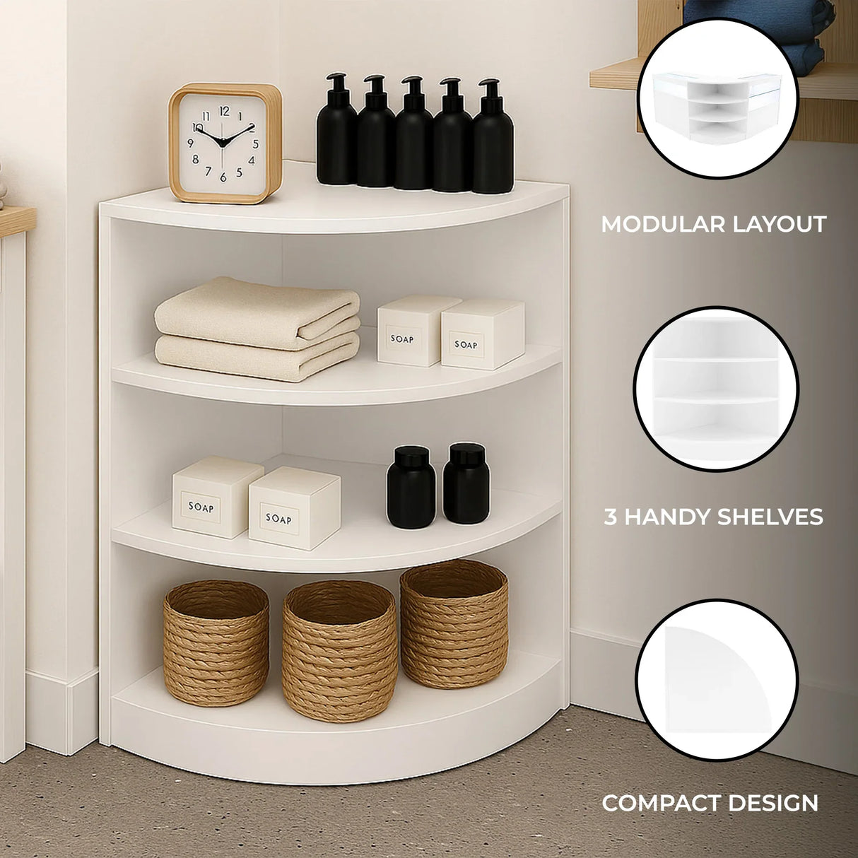 Corner counter in white with three shelves, featuring black bottles, woven baskets, and a clock, ideal for retail display