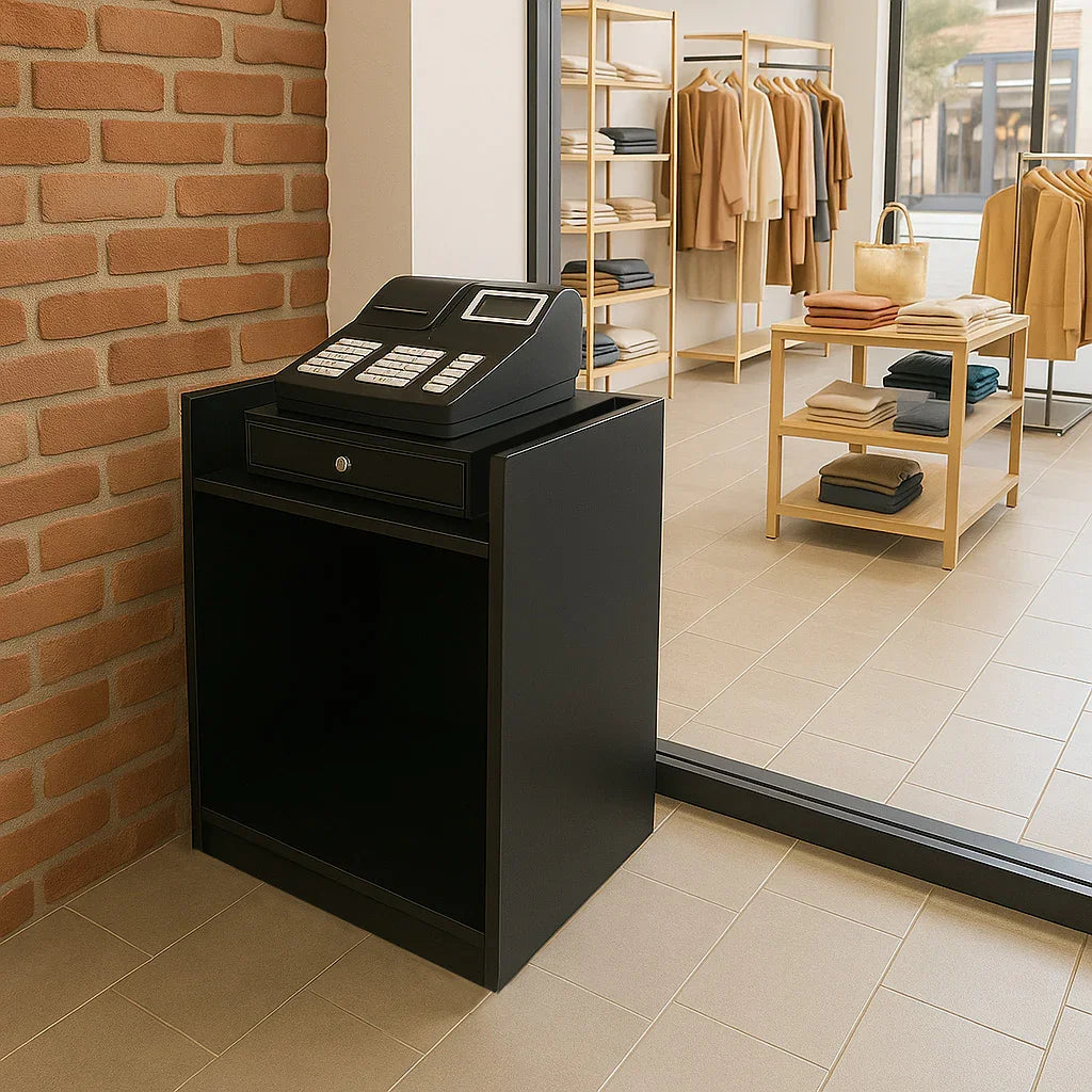 Black shop counter till block TB60 with a cash register, featuring a sleek design and ample storage space, set in a retail environment