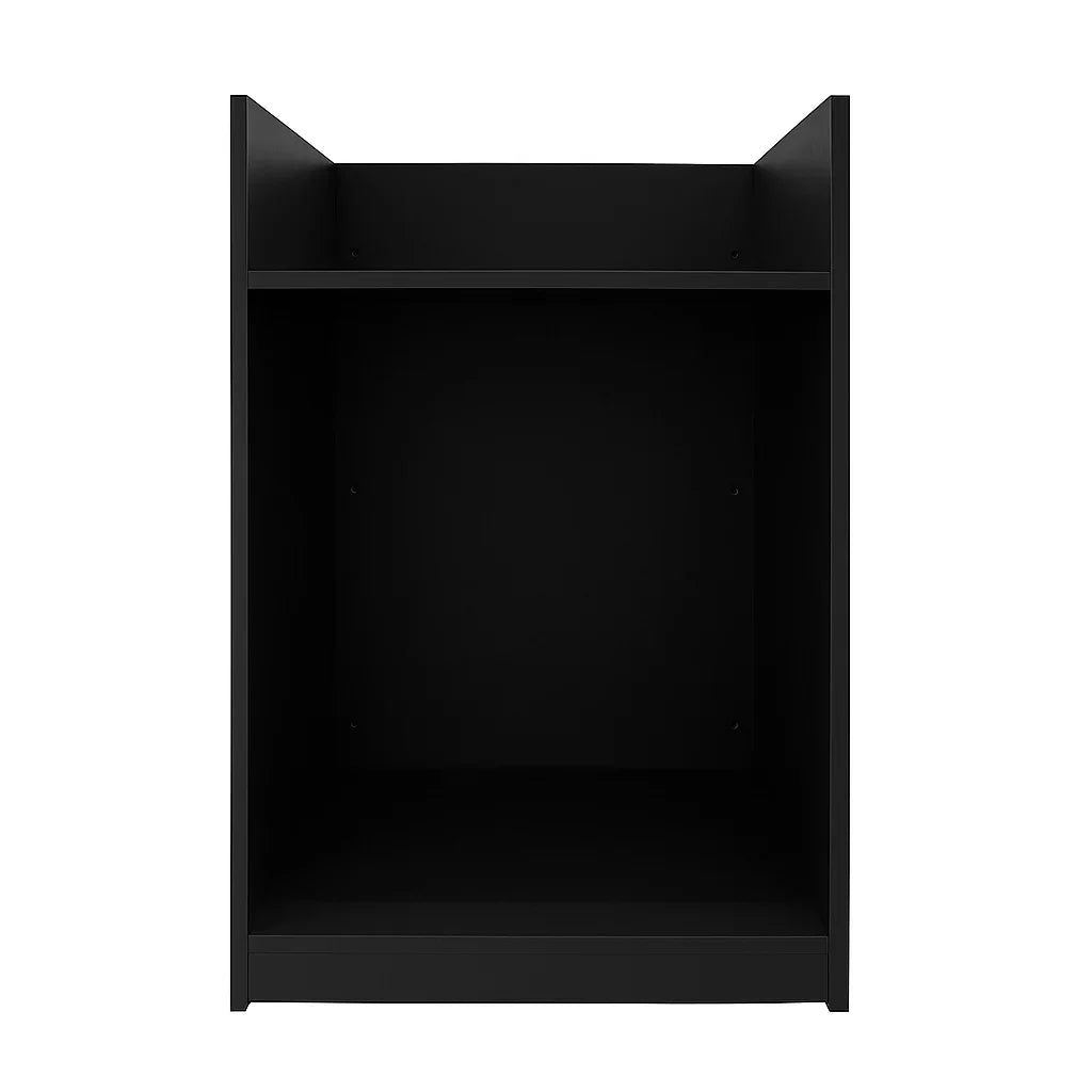 Black shop counter till block TB60 with a sleek, minimalist design featuring an open shelf for storage and organization