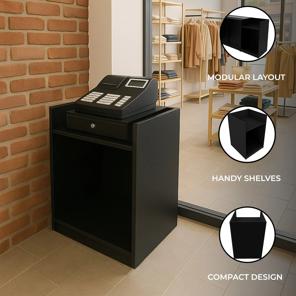 Black shop counter till block TB60 with a modular layout, compact design, and handy shelves, set against a stylish retail backdrop