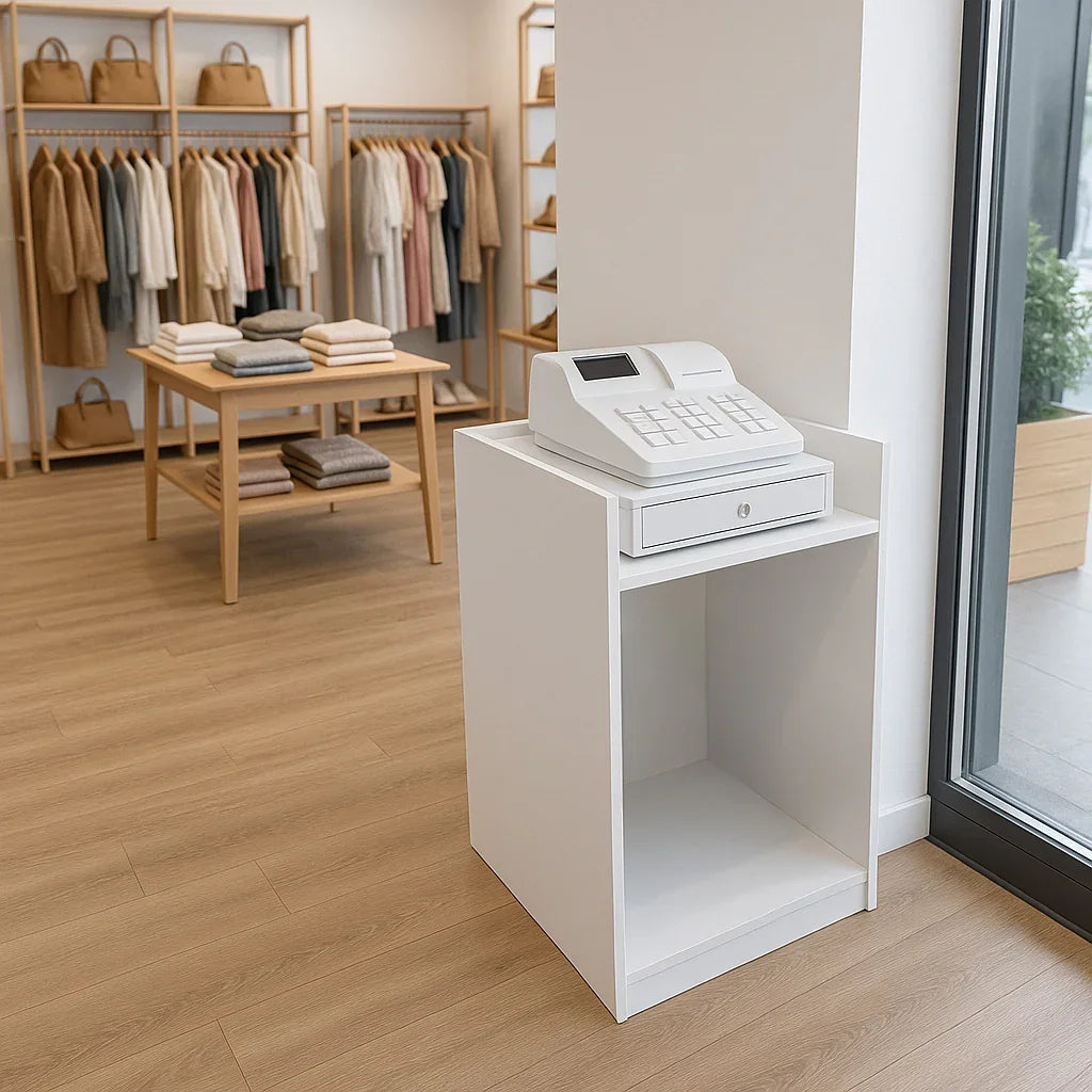 White shop counter till block TB60 with a cash register, featuring a sleek design and open storage space, set in a modern retail environment