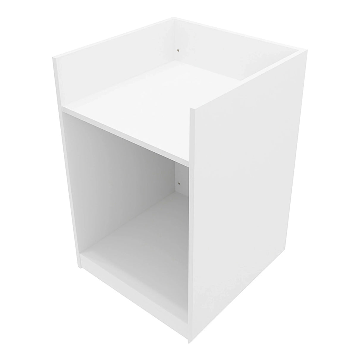 White shop counter till block TB60 with a sleek, minimalist design, featuring a spacious top surface and open storage below