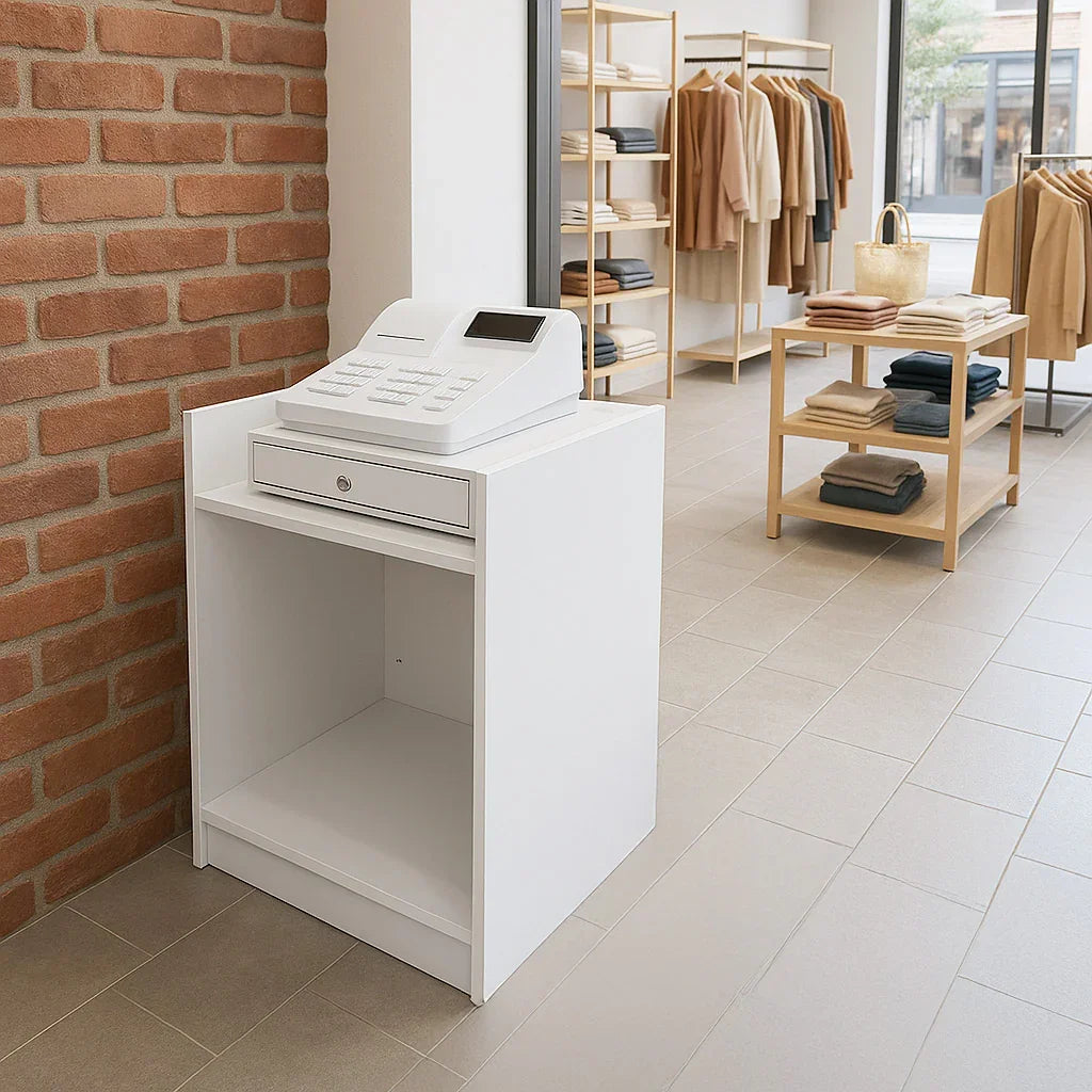 White shop counter till block TB60 with a sleek design, featuring a cash drawer, set against a stylish retail backdrop