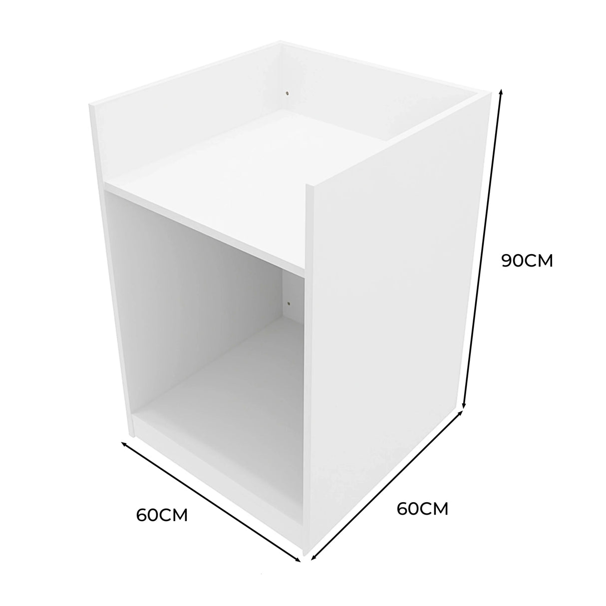 White shop counter till block TB60 with a sleek design, featuring two open shelves and dimensions of 60cm x 60cm x 90cm