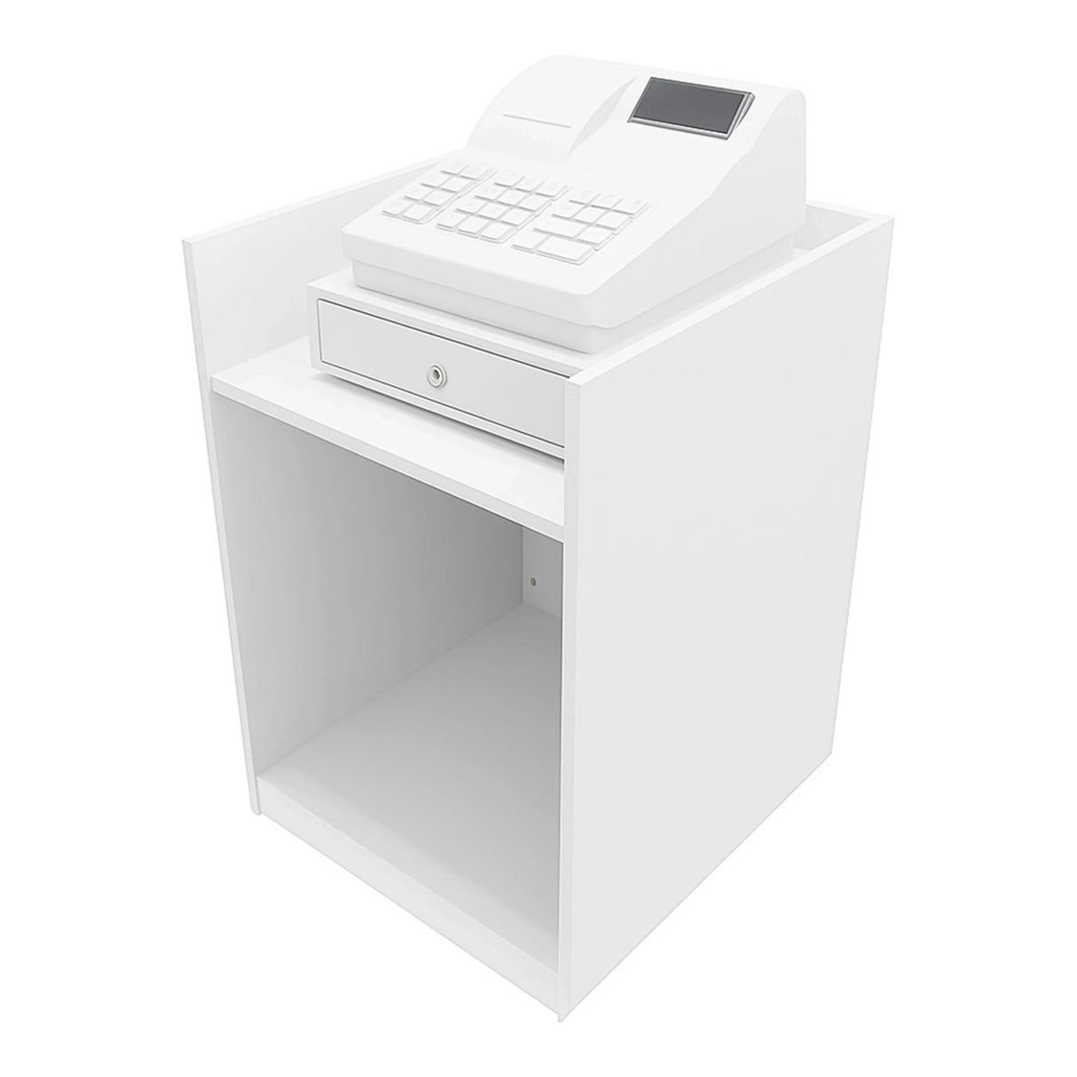 White shop counter till block TB60 featuring a cash register, a drawer for storage, and a clean, modern design with smooth surfaces