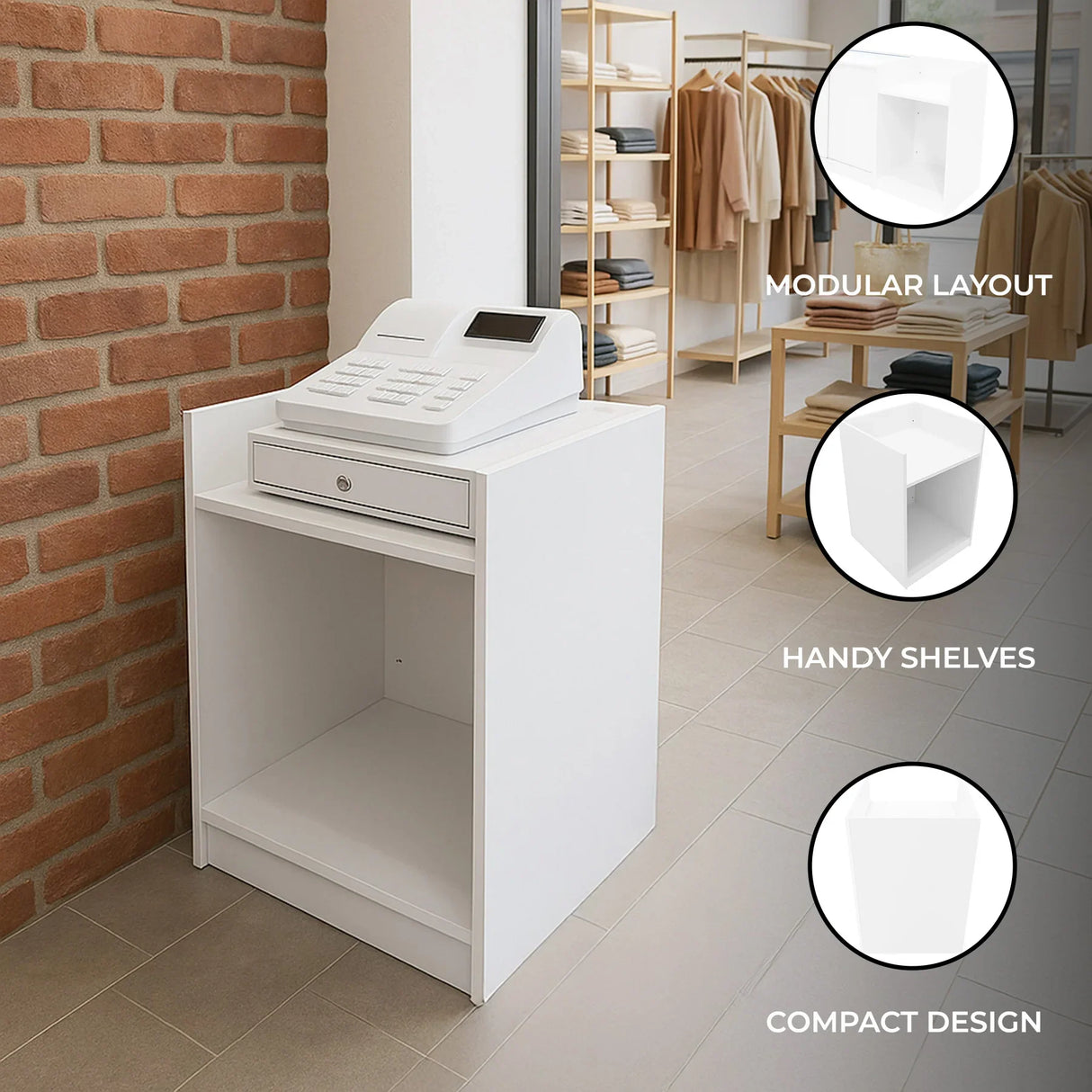 White shop counter till block TB60 featuring a modular layout, handy shelves, and a compact design, perfect for retail spaces