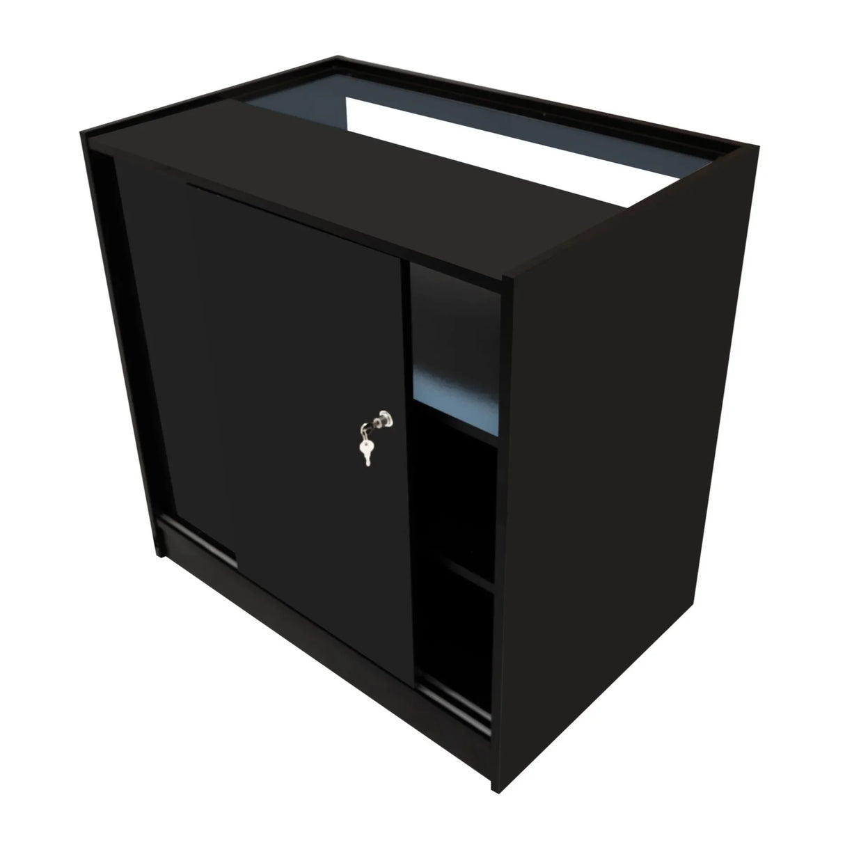 Sleek black LED retail shop counter B900 featuring a glass top, sliding door, and side shelving for organized display and storage