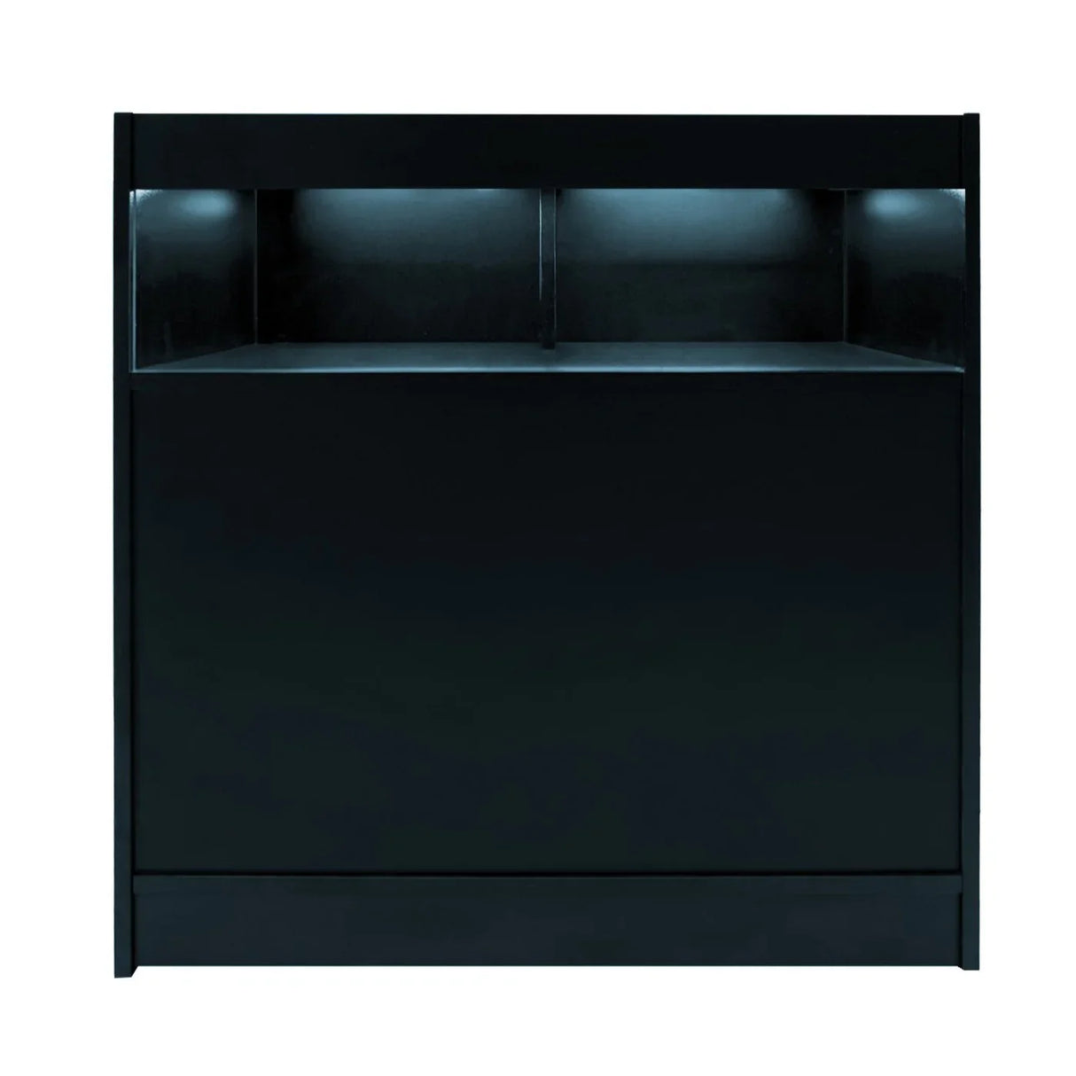 Sleek black LED retail shop counter B900 featuring a smooth surface, illuminated display shelves, and modern design for stylish merchandising