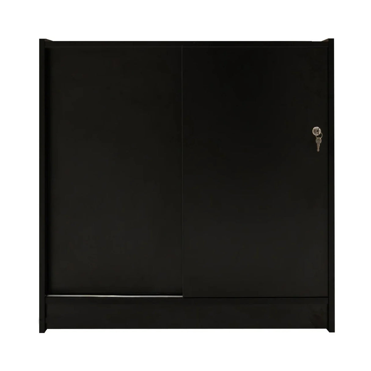Sleek black LED retail shop counter B900 with sliding doors, key lock, and smooth finish, ideal for modern retail spaces