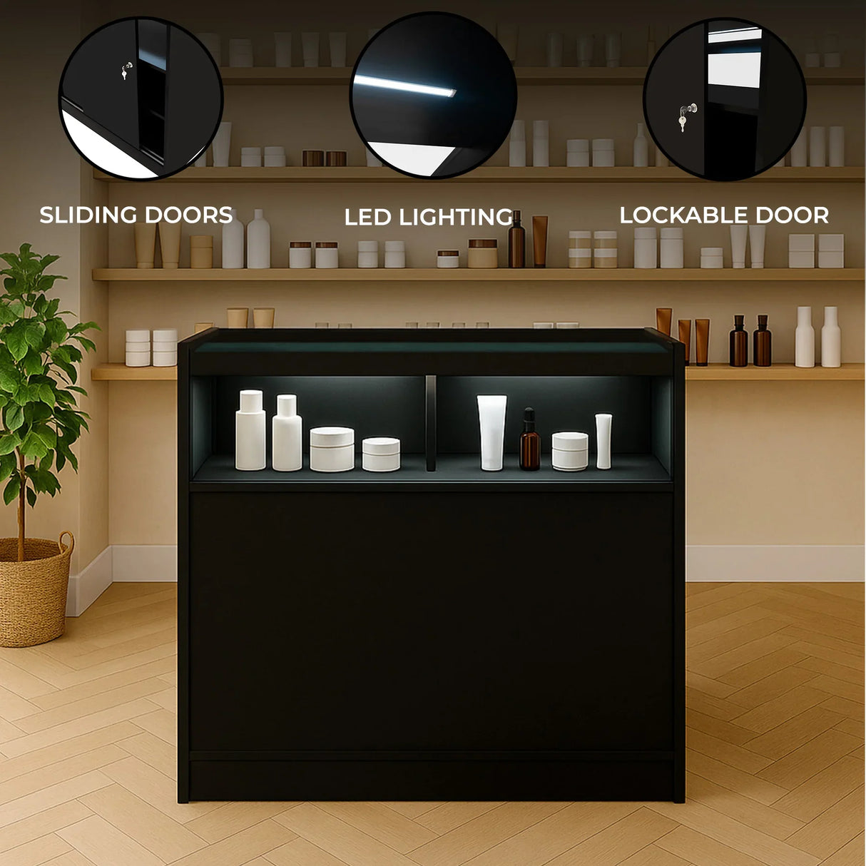 Black LED retail shop counter B900 featuring sliding doors, lockable design, and illuminated display shelves for products
