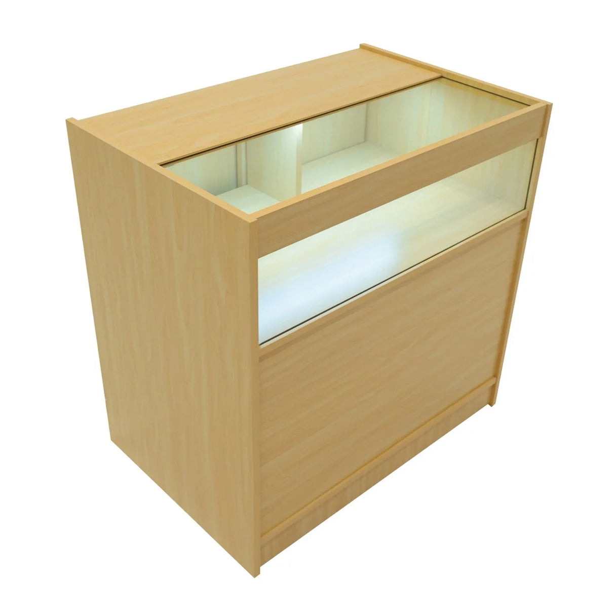 LED retail shop counter B900 in maple finish, featuring a glass display top, sleek design, and illuminated interior for showcasing products