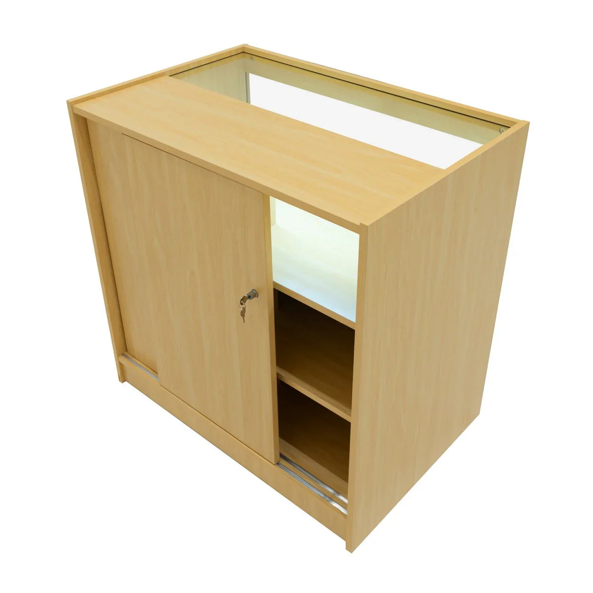 Maple LED retail shop counter with a sleek design, featuring a glass top, sliding door, and open shelving for display storage