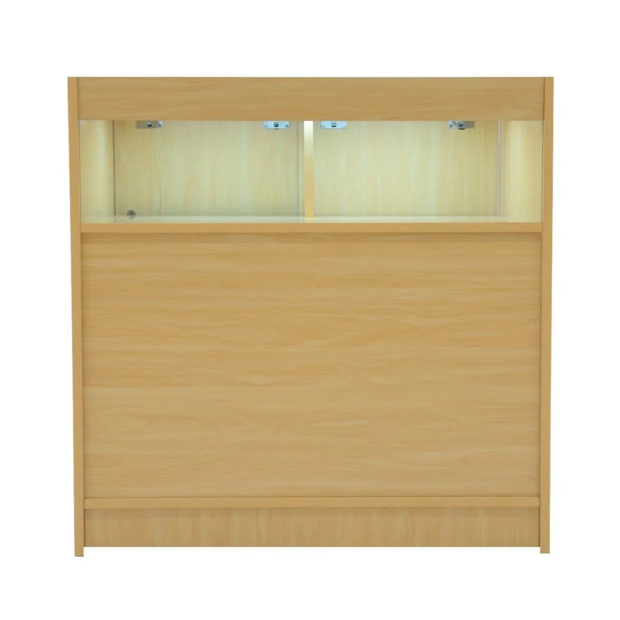 Maple LED retail shop counter B900 featuring a smooth finish, illuminated display area, and spacious storage for products