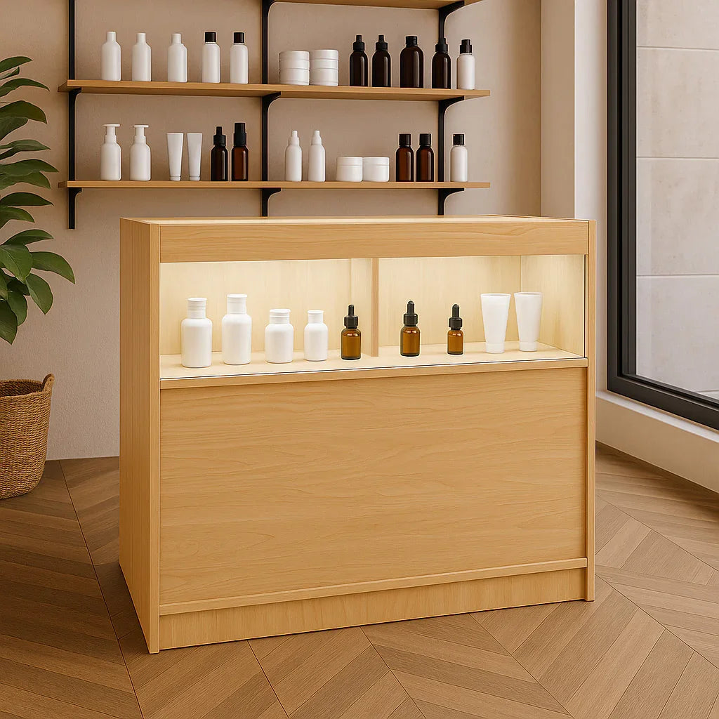Maple LED retail shop counter B900 featuring a sleek design, illuminated display for products, and a warm wood finish