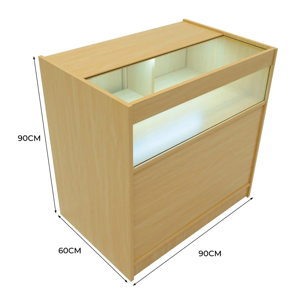 LED retail shop counter B900 in maple finish, featuring a glass display top, sleek design, and ample storage space, measuring 90cm x 60cm x 90cm