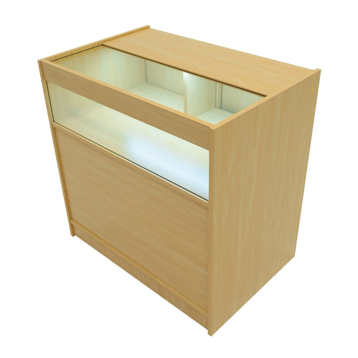 LED retail shop counter B900 in maple finish, featuring a glass display top and illuminated interior for showcasing products