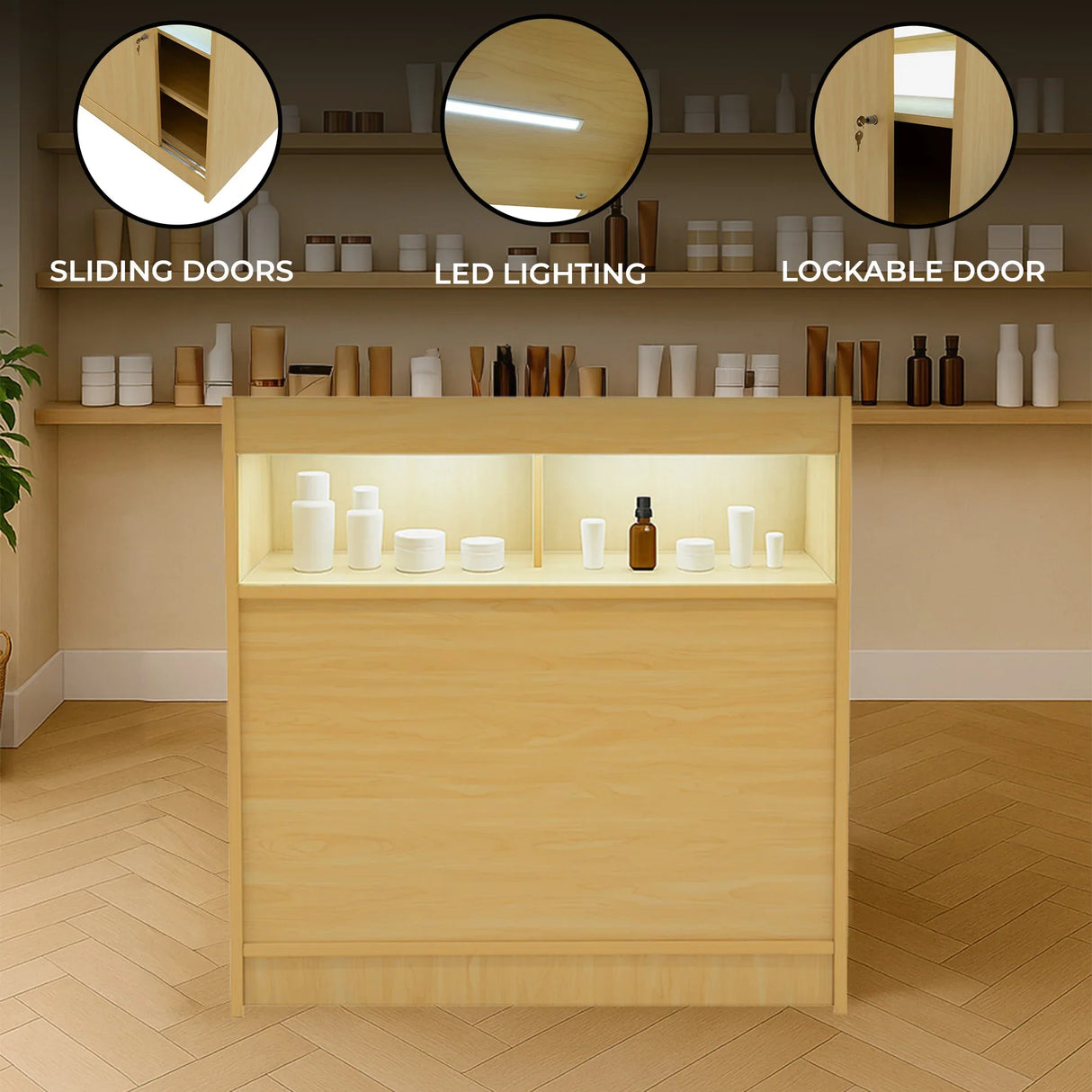 Maple LED retail shop counter with sliding doors, lockable storage, and illuminated display area showcasing various products