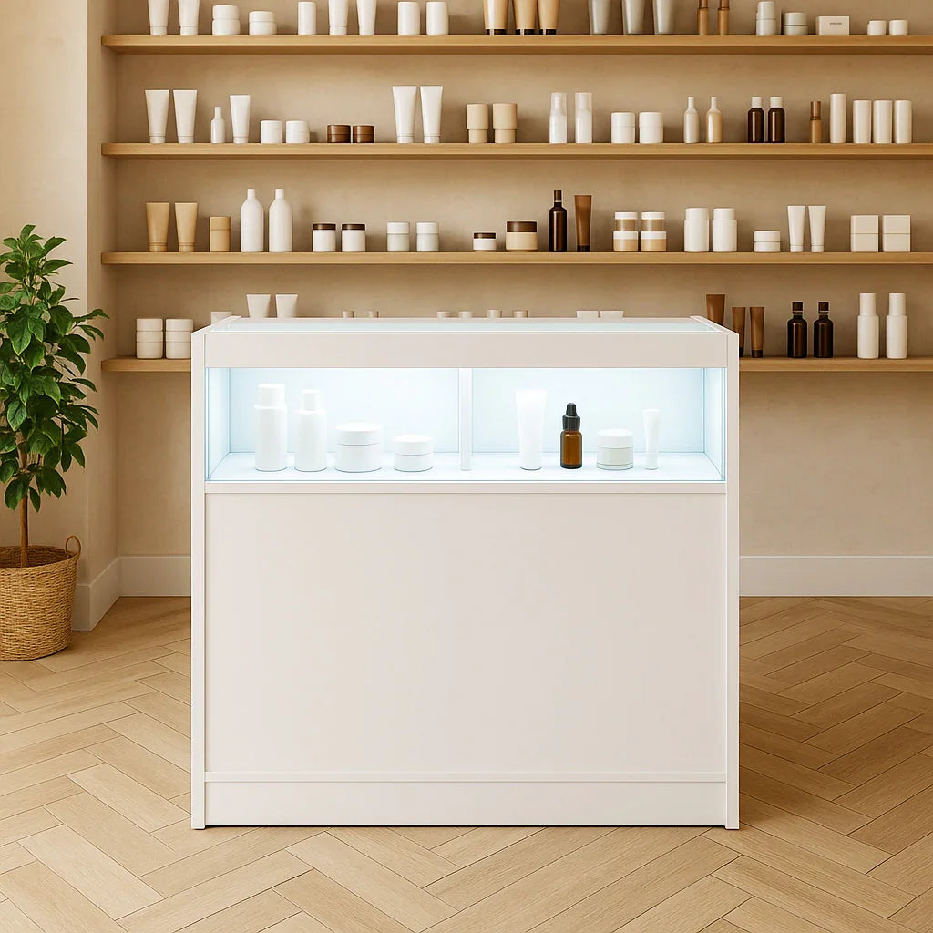 White LED retail shop counter B900 with illuminated display, showcasing various skincare products against a warm, minimalist backdrop