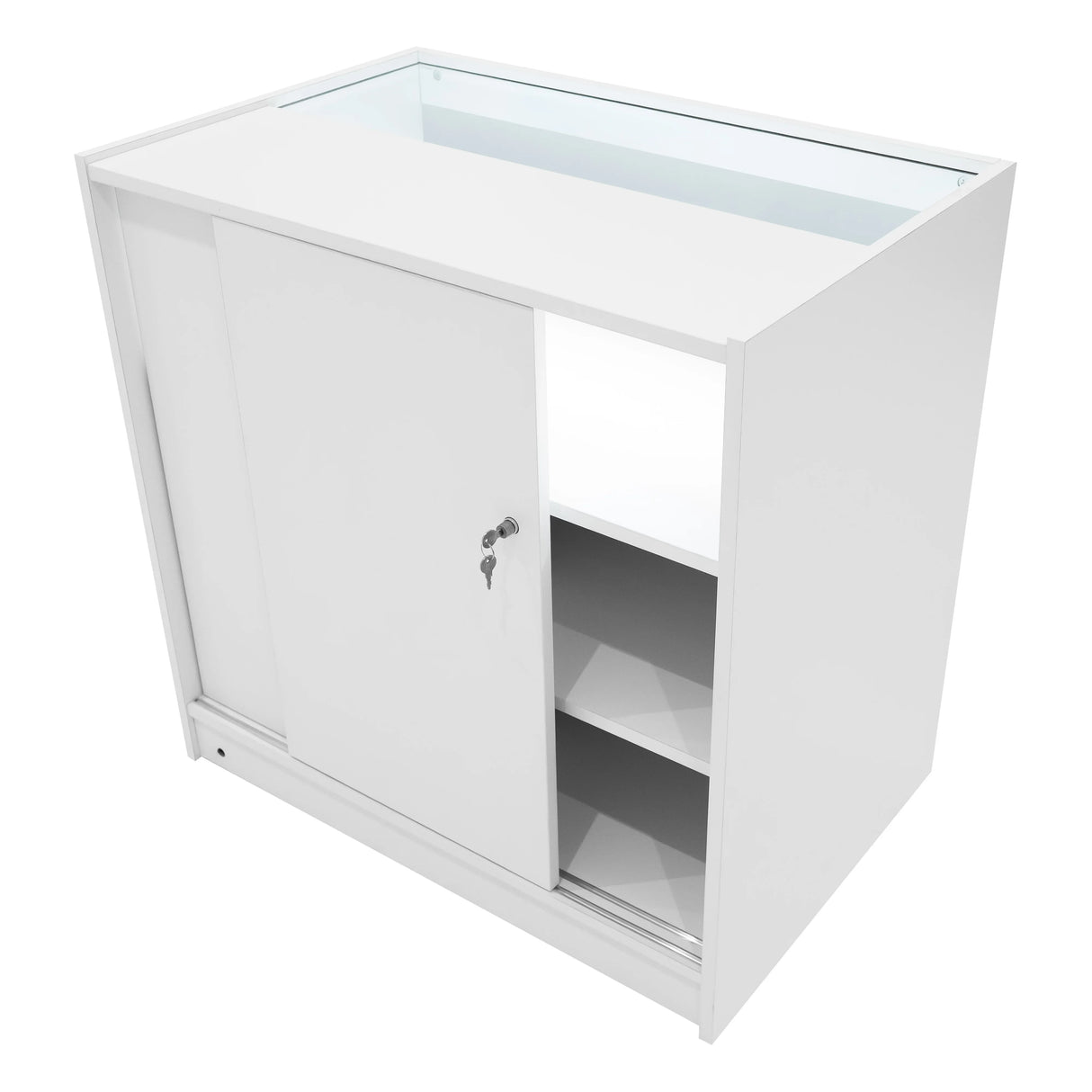 Theseus LED shop counter set in sleek white, featuring sliding doors, a glass top, and interior shelves for organized display