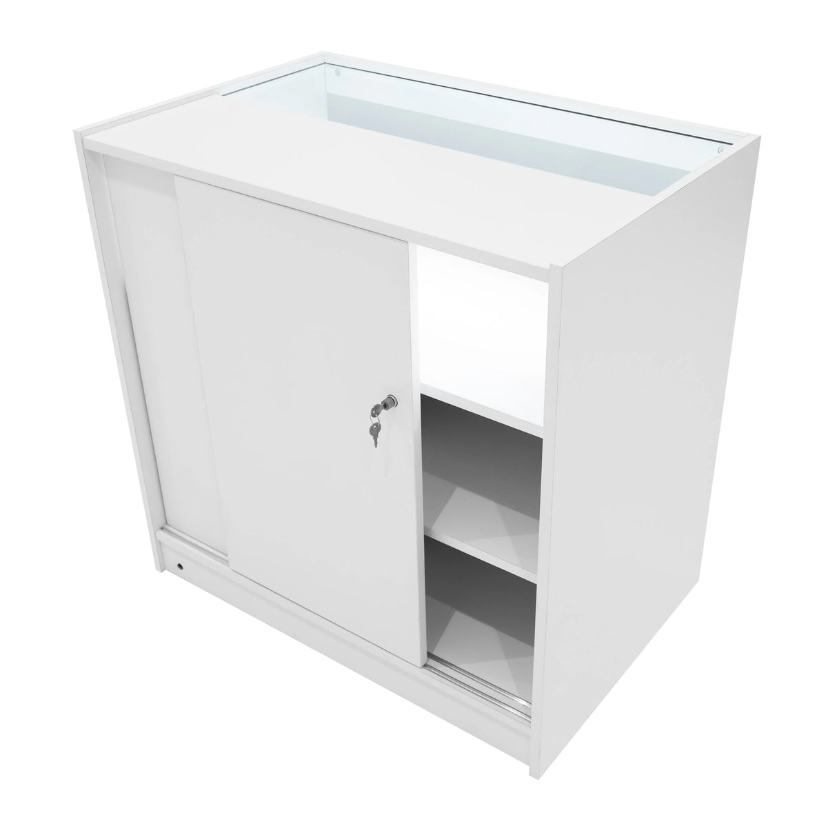 LED Retail Shop Counter B900 in sleek white finish, featuring sliding doors, glass display top, and interior shelving for organized storage