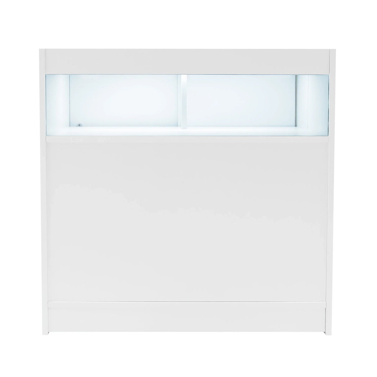 Sleek white LED retail shop counter B900 featuring a backlit display area and smooth, modern design for showcasing products