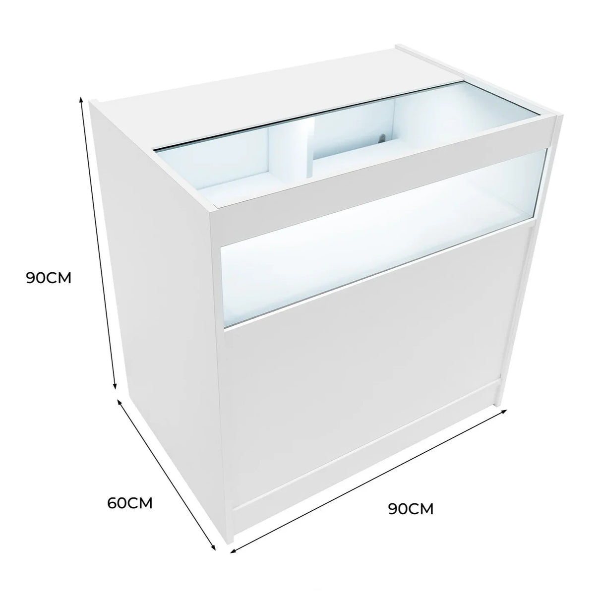 Sleek white LED retail shop counter B900 with glass display top, measuring 90cm wide, 60cm deep, and 90cm high, ideal for showcasing products