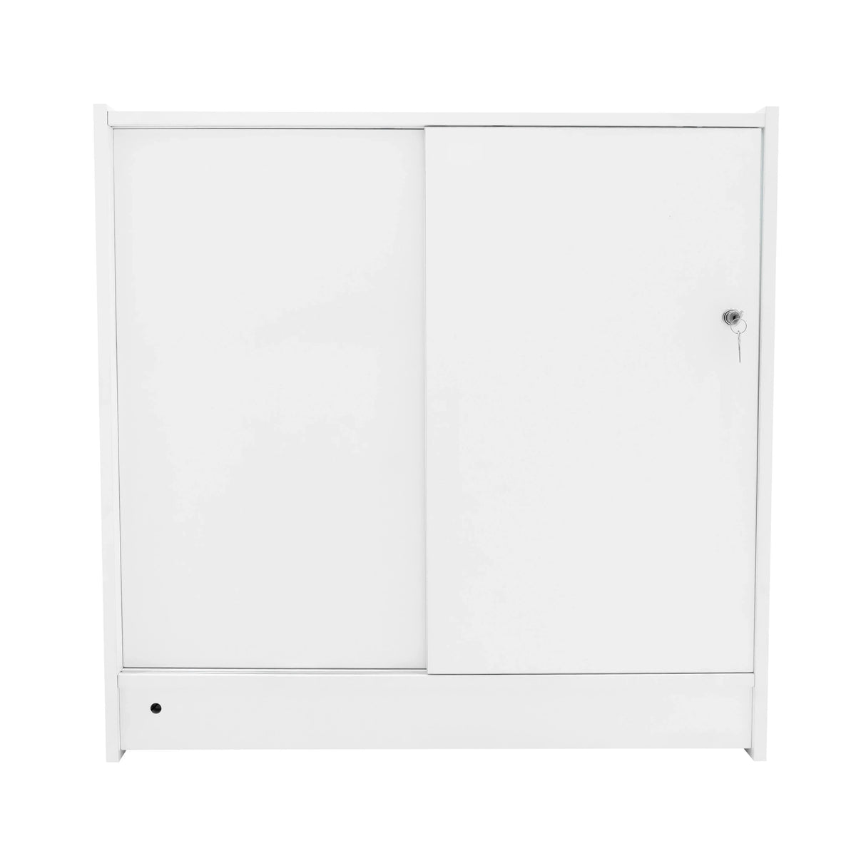 LED Retail Shop Counter B900 in sleek white finish, featuring a smooth surface, sliding door, and key lock for secure storage