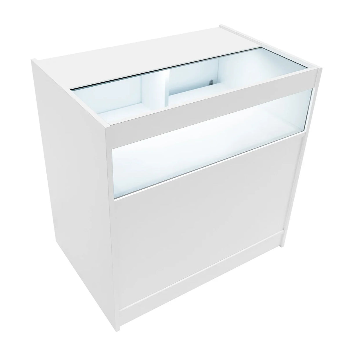 LED retail shop counter B900 in sleek white finish, featuring a glass display top and illuminated interior for showcasing products