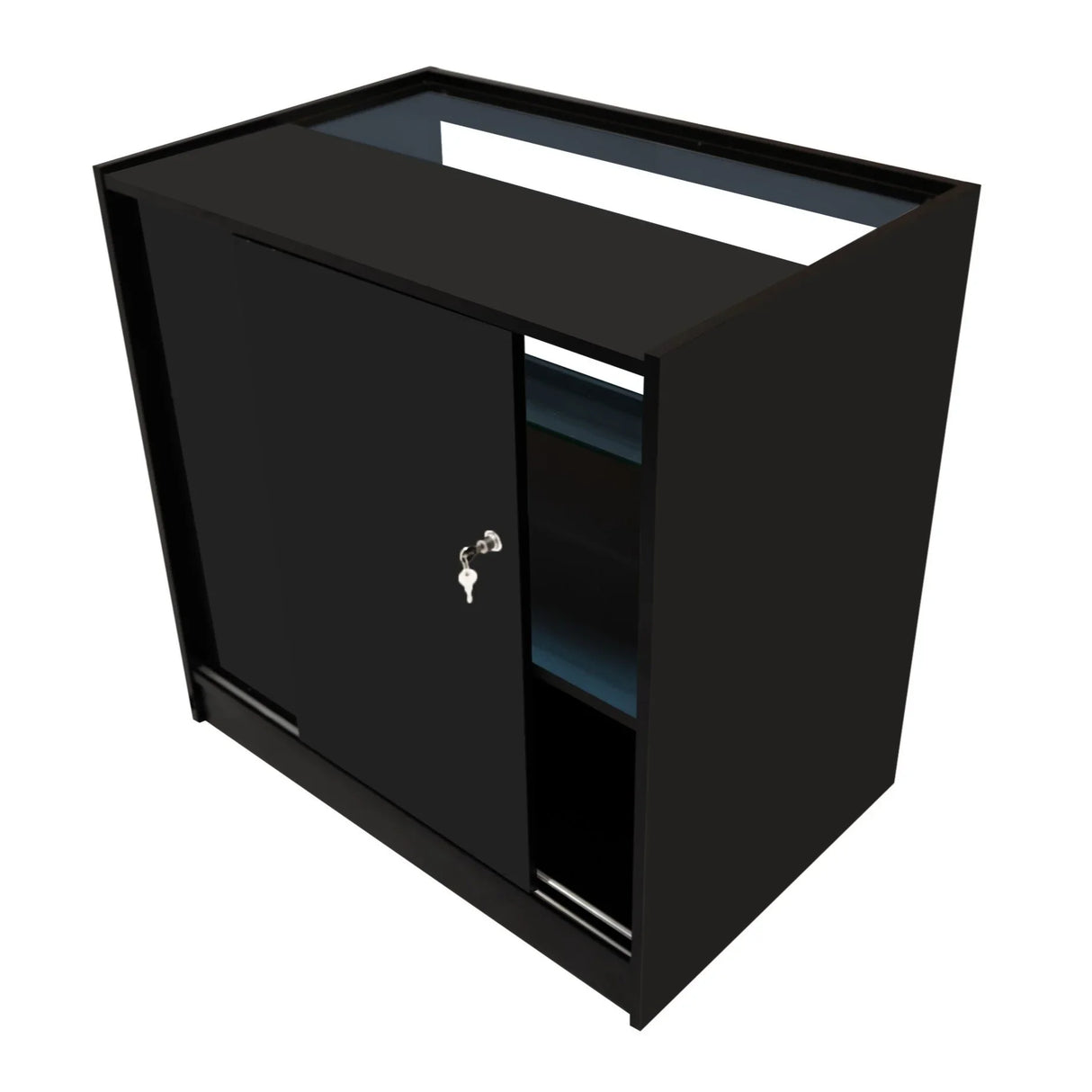 Sleek black LED retail shop counter C900 with a smooth finish, sliding door, and illuminated display shelves for showcasing products