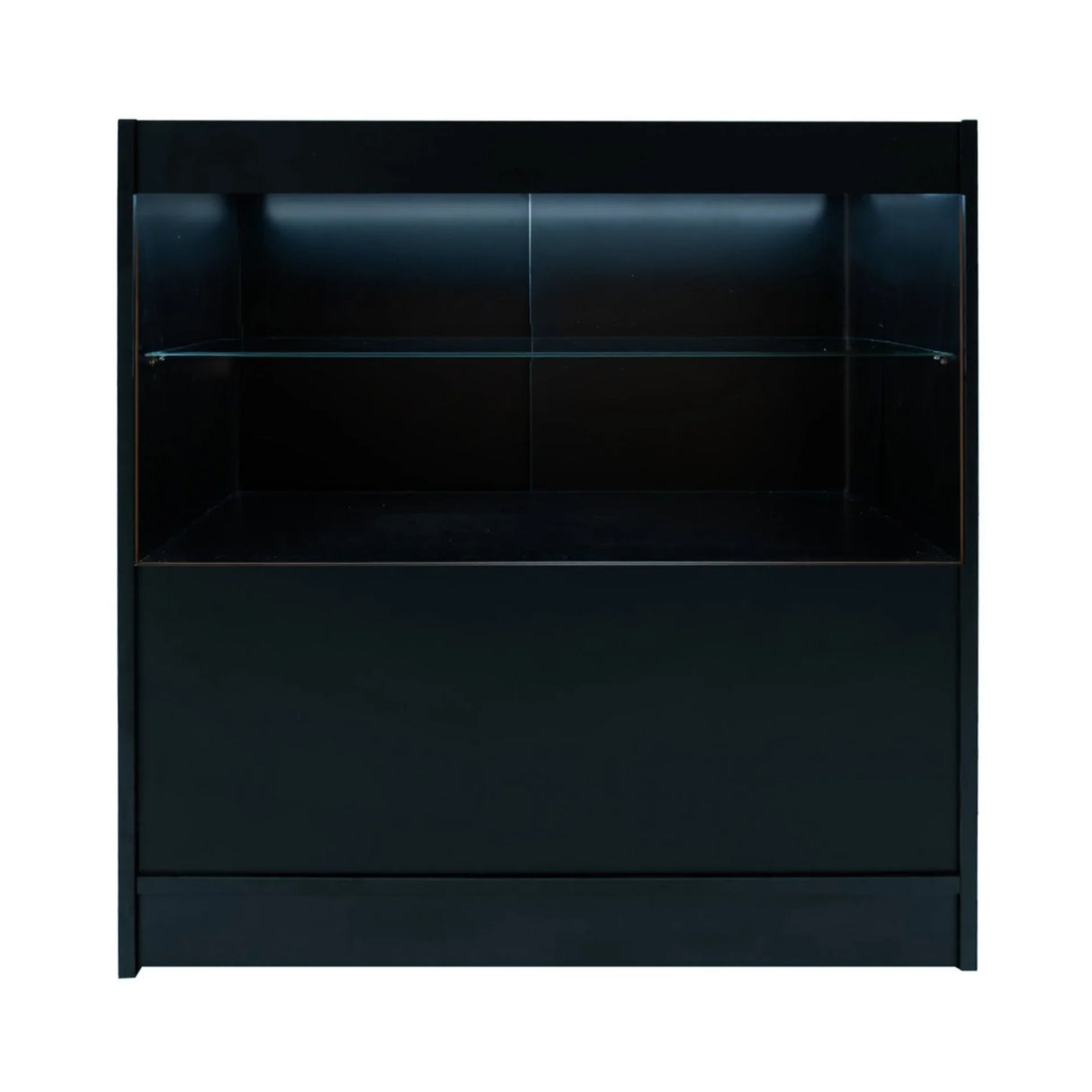 Sleek black LED retail shop counter C900 with a glass shelf and illuminated display area, perfect for showcasing products