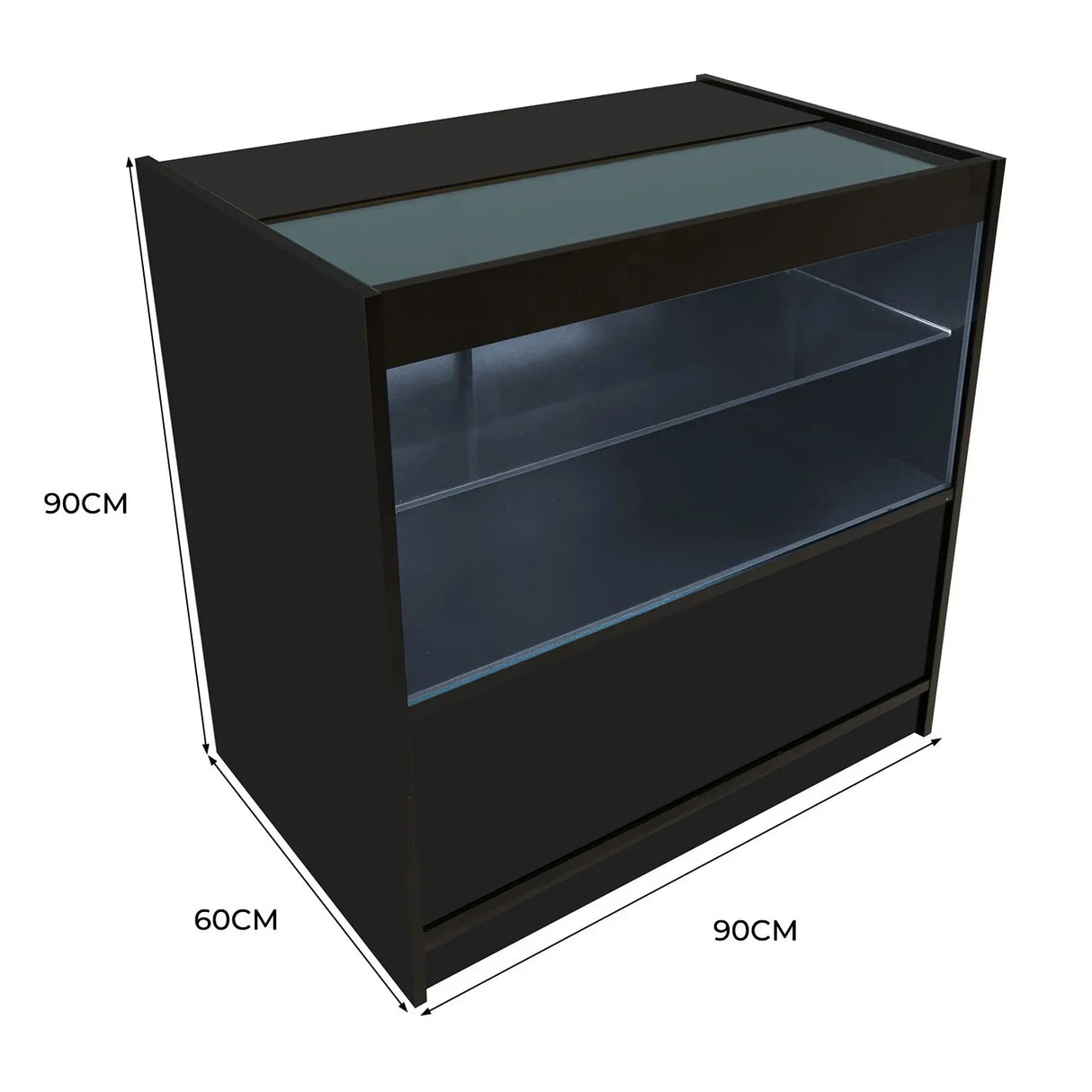 Black LED retail shop counter C900 with glass top, two shelves, sleek design, dimensions 90cm height, 60cm depth, 90cm width