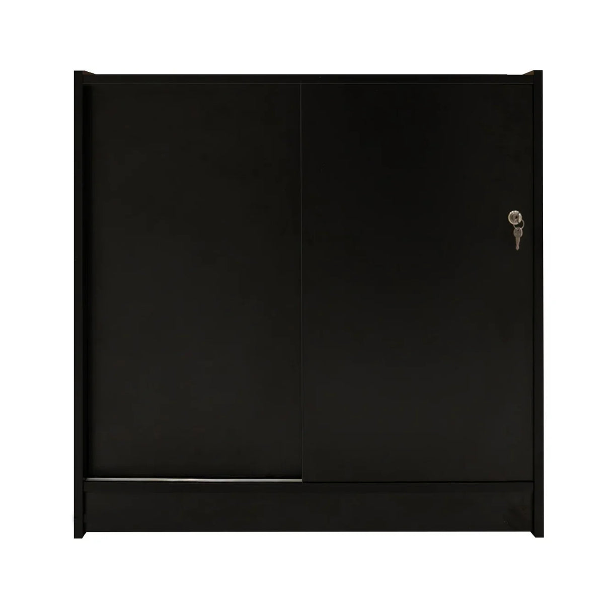 Sleek black LED retail shop counter C900 with a smooth finish, sliding doors, and a key lock for secure storage
