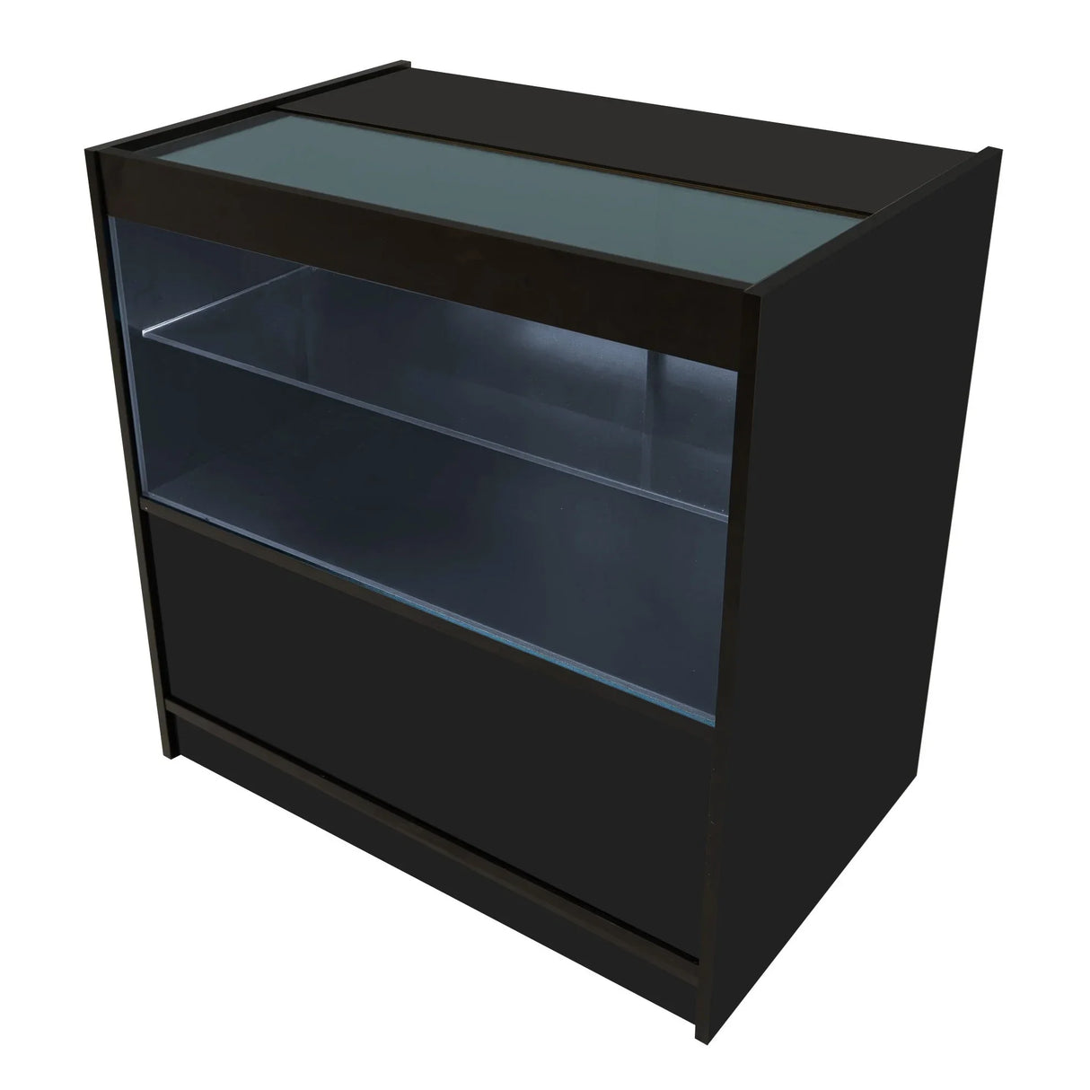 Black LED retail shop counter C900 with a glass top, illuminated interior, and sleek design, ideal for showcasing products