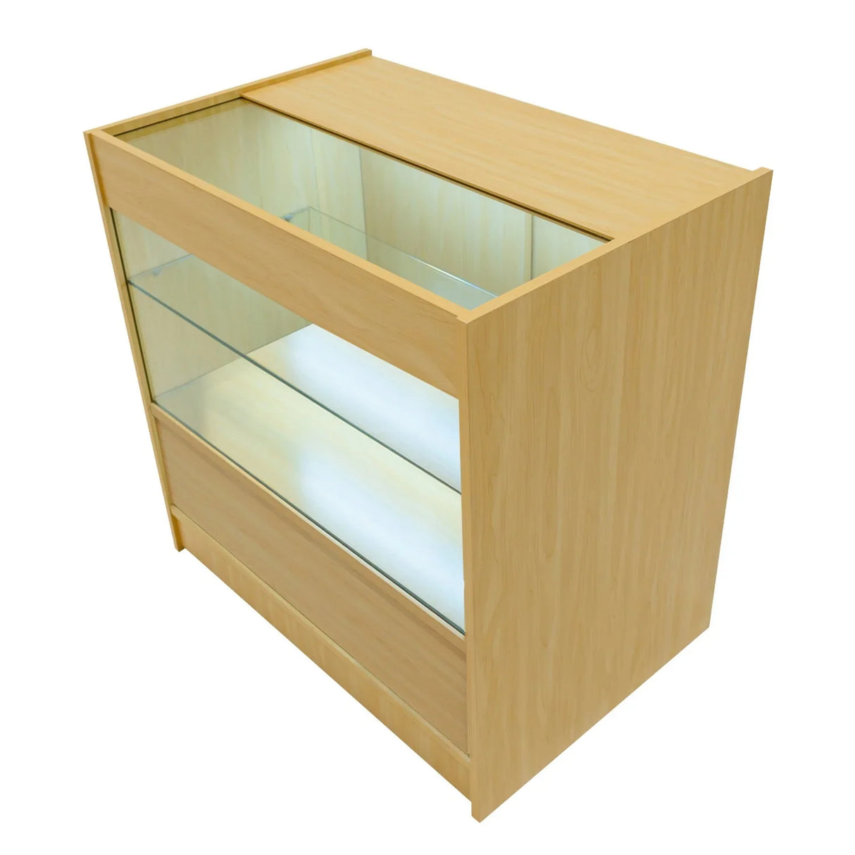 Maple LED retail shop counter C900 with glass display shelves, sleek design, and warm wood finish for modern retail environments