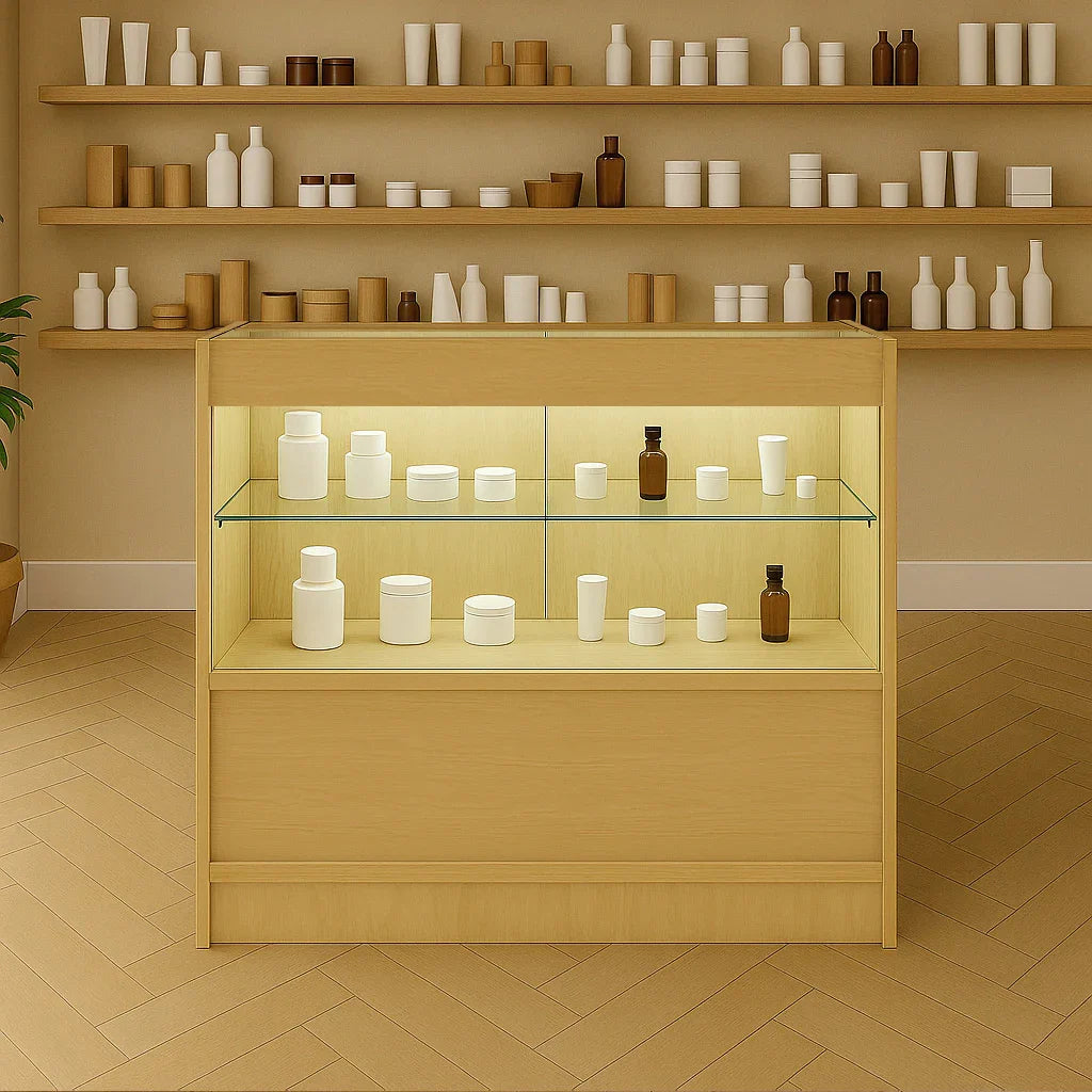 LED retail shop counter C900 in maple wood, featuring glass shelves and warm lighting, ideal for displaying products in a modern setting