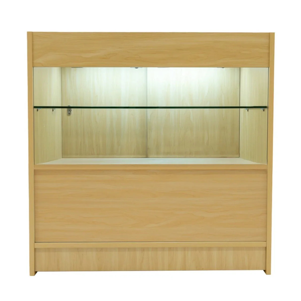 LED retail shop counter C900 in maple finish, featuring a sleek design, glass shelves, and integrated lighting for product display