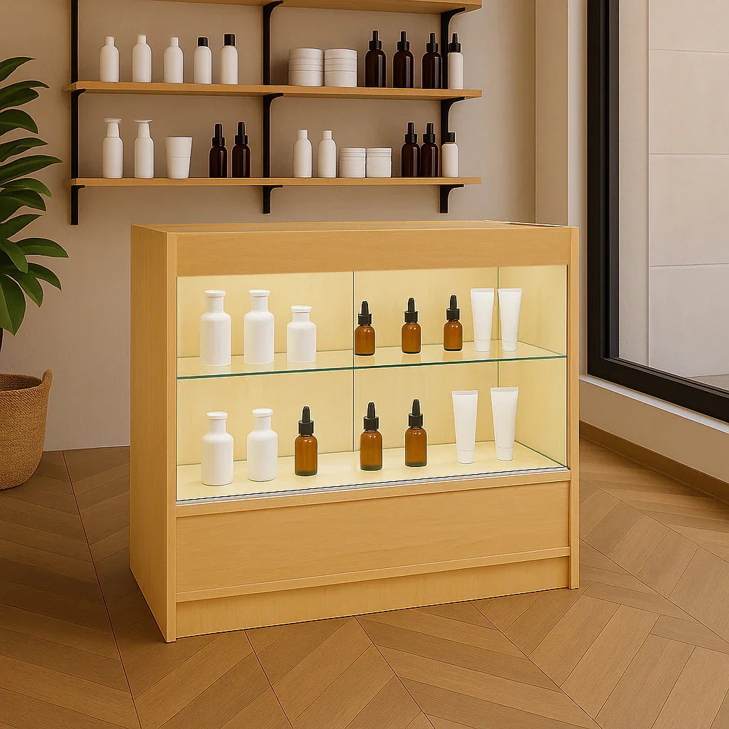 LED Retail Shop Counter C900 in maple finish, featuring glass shelves displaying various bottles and jars, illuminated for visibility