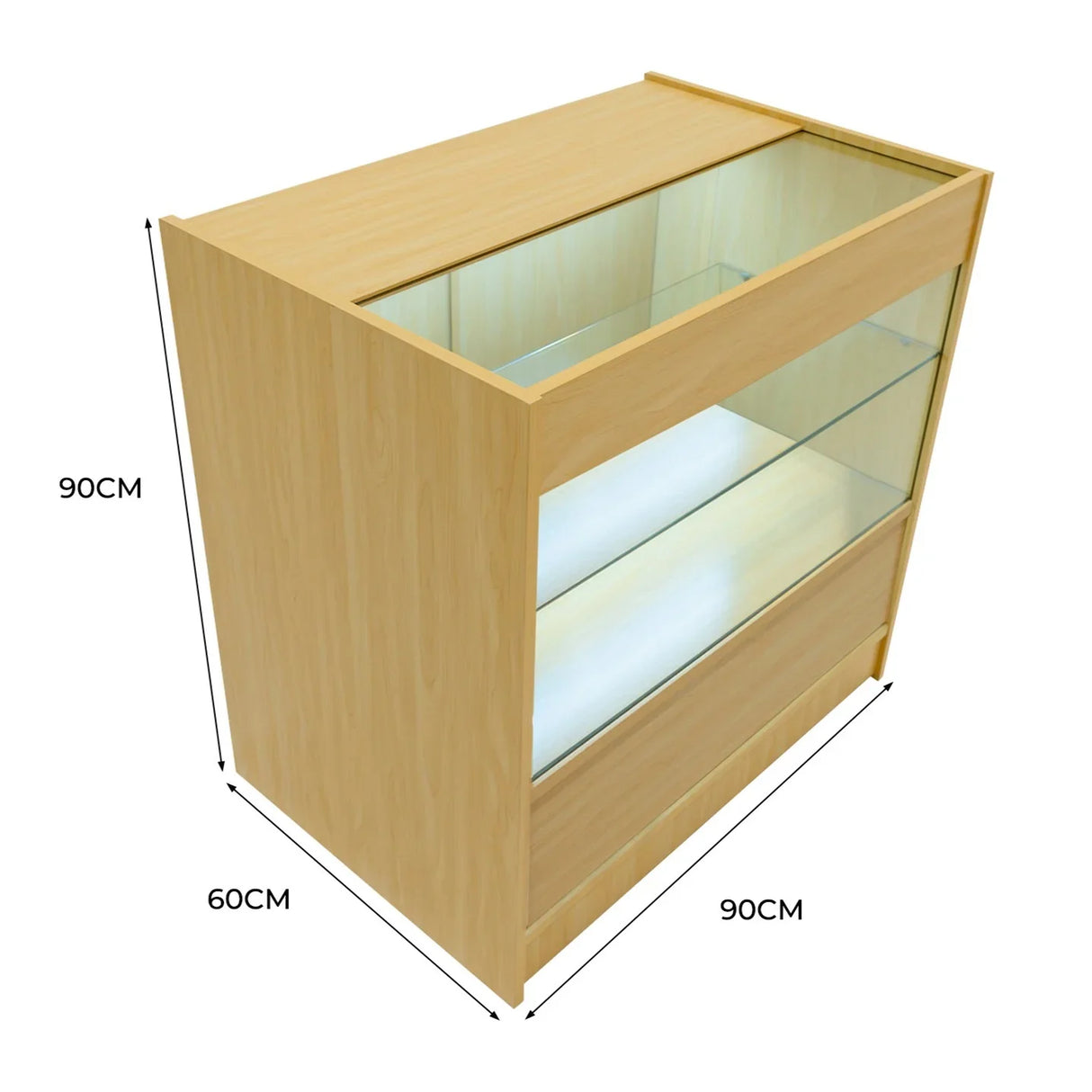 LED retail shop counter in maple finish, featuring a glass display top, two illuminated shelves, and a sleek, modern design