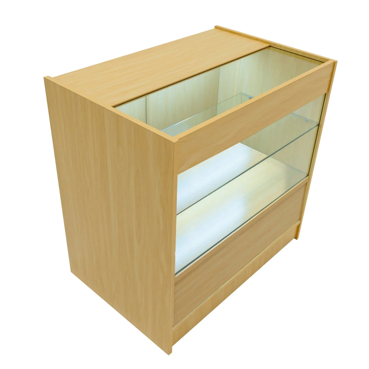 LED retail shop counter C900 in maple finish, featuring a glass display top and two illuminated shelves for showcasing products